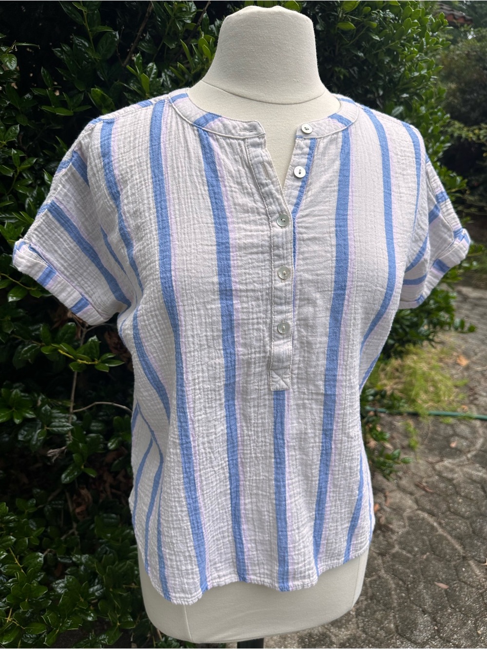 Wonderly White Top with Blue and Lilac Stripes